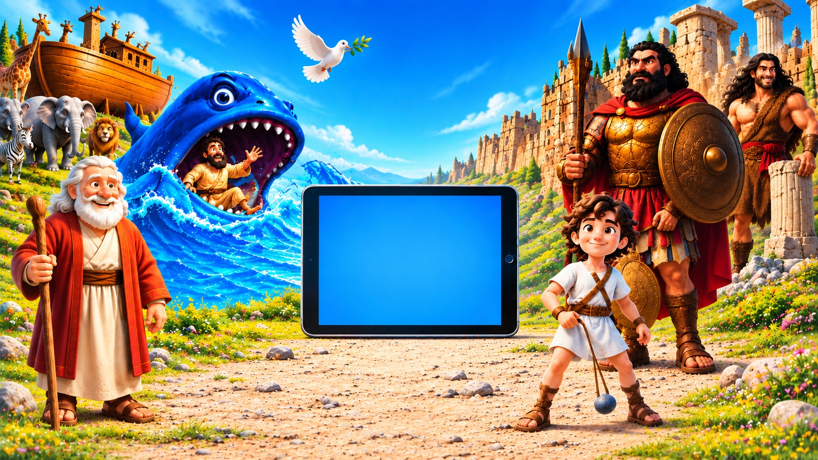 Doron Creations Bible game characters, Jonah and the fish, Noah, David, Samson, Goliath, Ark and Jericho fortress
